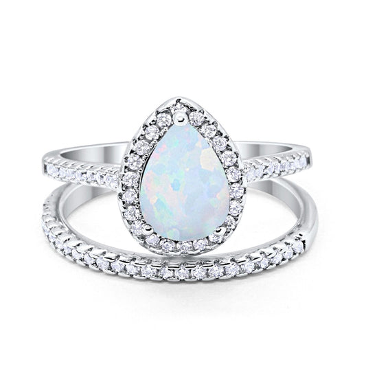 Teardrop Bridal Engagement Ring Lab Created White Opal