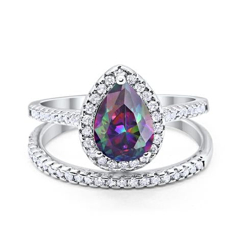 Teardrop Bridal Engagement Ring Simulated Rainbow CZ