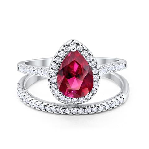 Teardrop Bridal Engagement Ring Simulated Ruby Cubic Zirconia