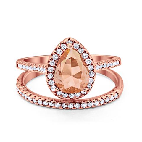 Teardrop Bridal Engagement Ring Rose Tone, Simulated Morganite Cubic Zirconia