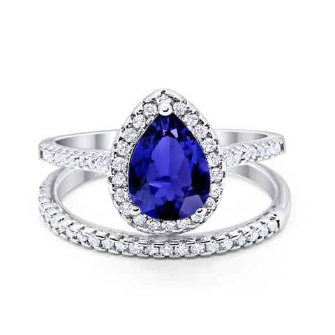 Teardrop Bridal Engagement Ring Simulated Blue Sapphire CZ