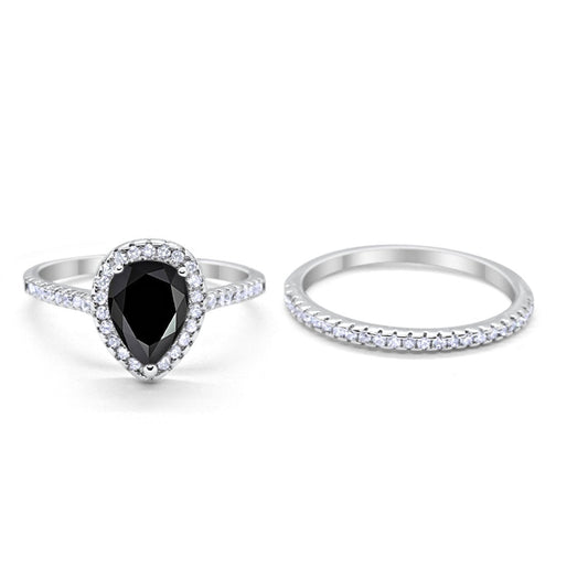 Teardrop Pear Bridal Set Engagement Ring Simulated Black Cubic Zirconia