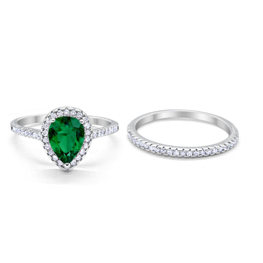 Teardrop Pear Bridal Set Engagement Ring Simulated Green Emerald Cubic Zirconia