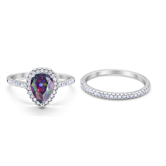 Teardrop Bridal Engagement Ring Simulated Rainbow CZ