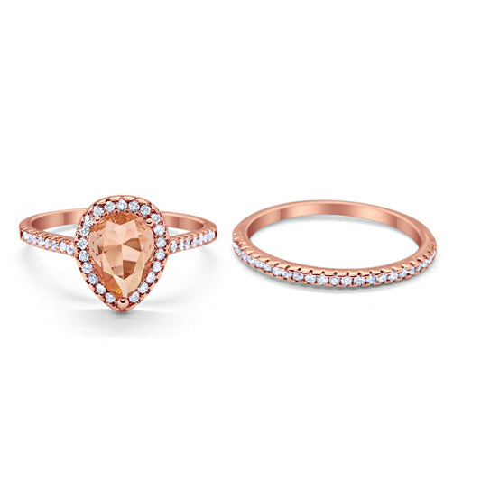 Teardrop Bridal Engagement Ring Rose Tone, Simulated Morganite Cubic Zirconia