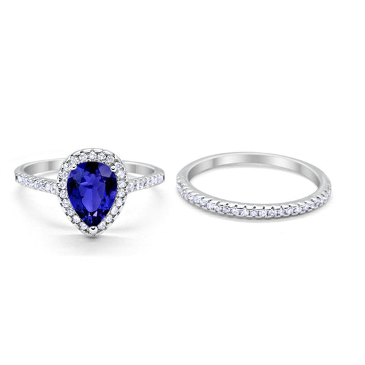 Teardrop Bridal Engagement Ring Simulated Blue Sapphire CZ