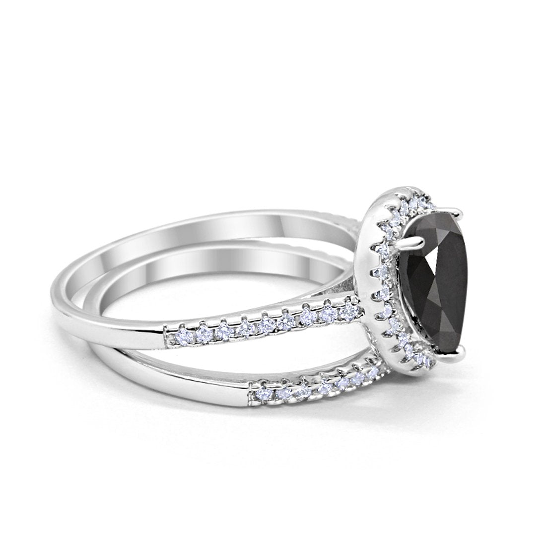 Teardrop Pear Bridal Set Engagement Ring Simulated Black Cubic Zirconia