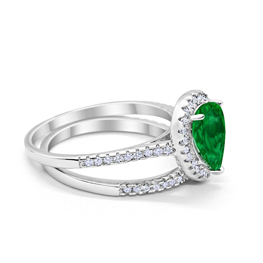 Teardrop Pear Bridal Set Engagement Ring Simulated Green Emerald Cubic Zirconia