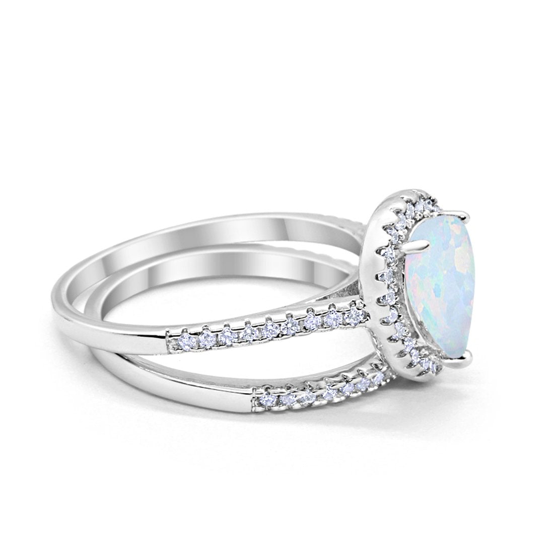 Teardrop Bridal Engagement Ring Lab Created White Opal