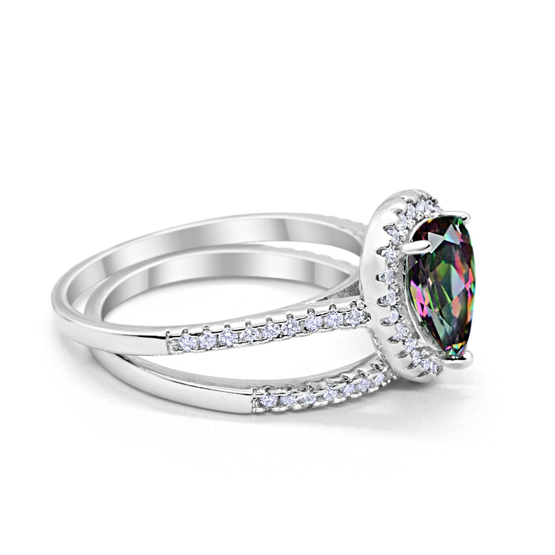 Teardrop Bridal Engagement Ring Simulated Rainbow CZ