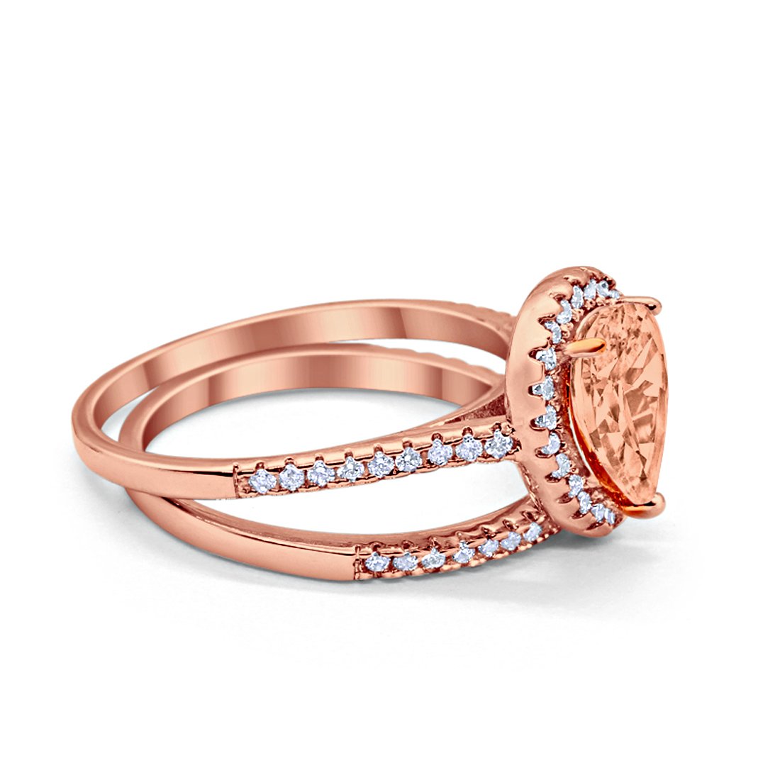 Teardrop Bridal Engagement Ring Rose Tone, Simulated Morganite Cubic Zirconia