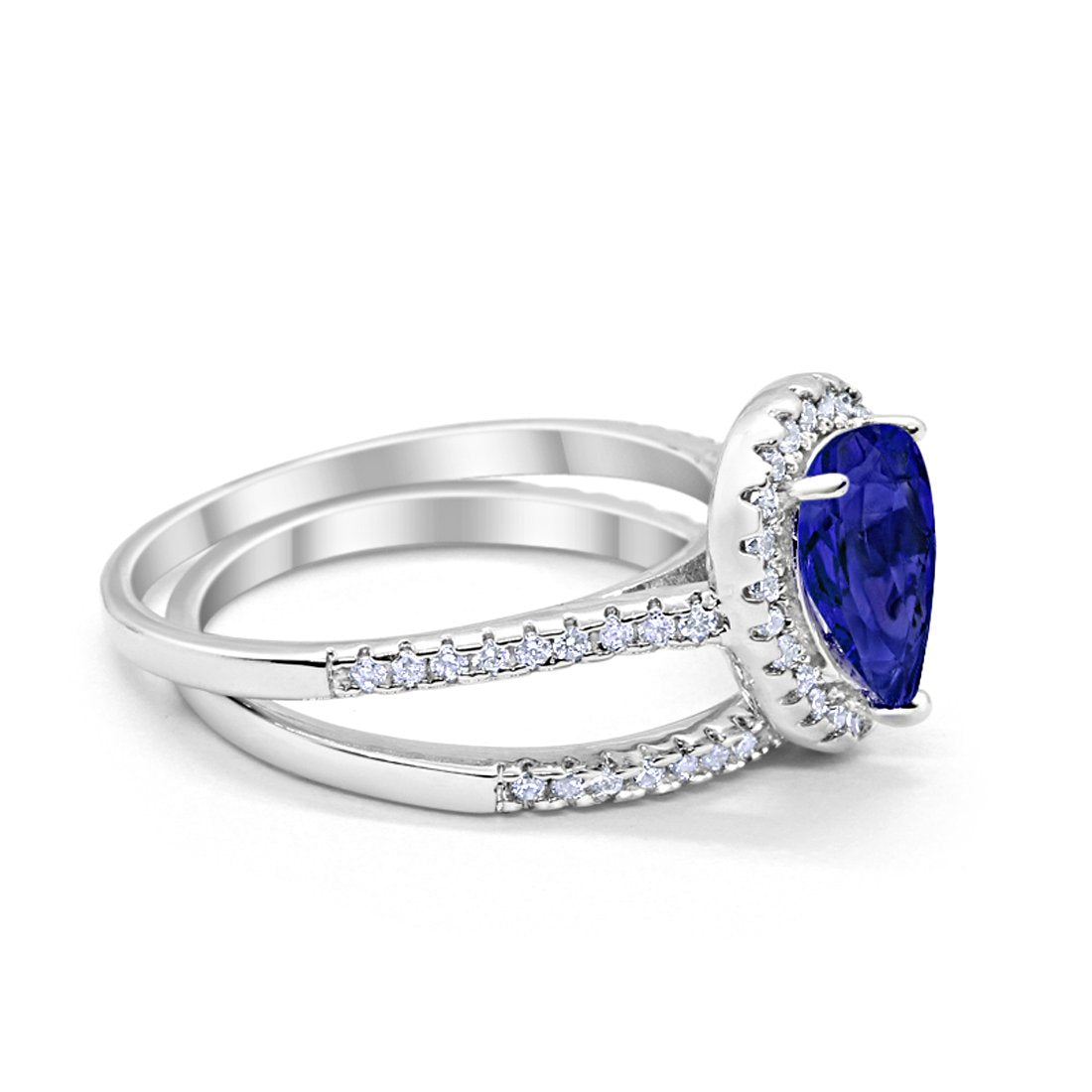 Teardrop Bridal Engagement Ring Simulated Blue Sapphire CZ