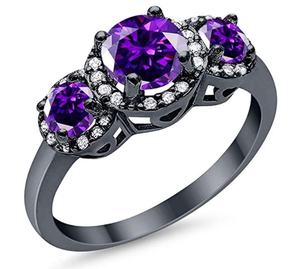 Three Stone Simulated Amethyst CZ Black Tone Wedding Ring