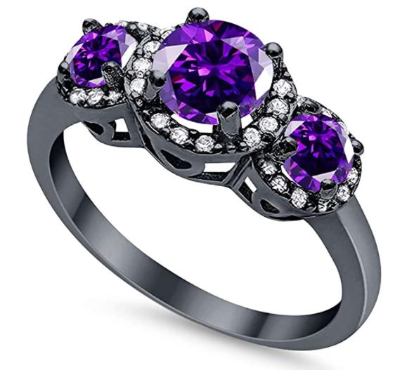 Three Stone Simulated Amethyst CZ Black Tone Wedding Ring