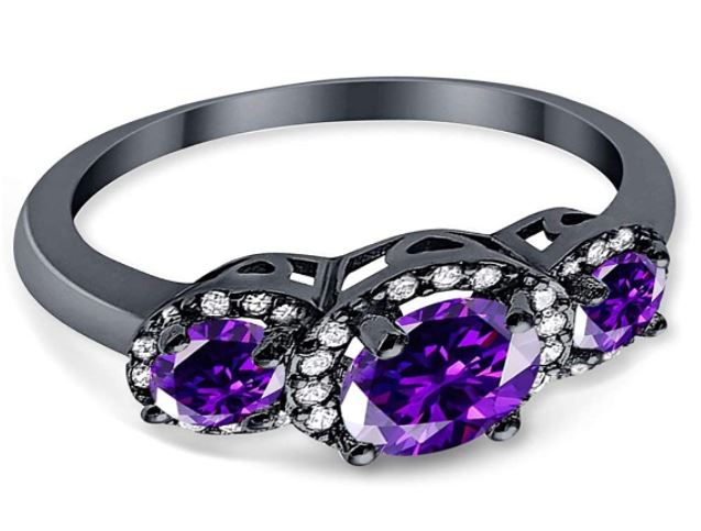 Three Stone Simulated Amethyst CZ Black Tone Wedding Ring