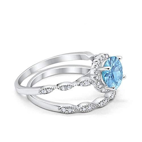 Two Piece Halo Wedding Ring Round Simulated Aquamarine CZ