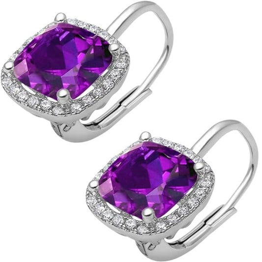 Halo Cushion Leverback Earrings Amethyst CZ