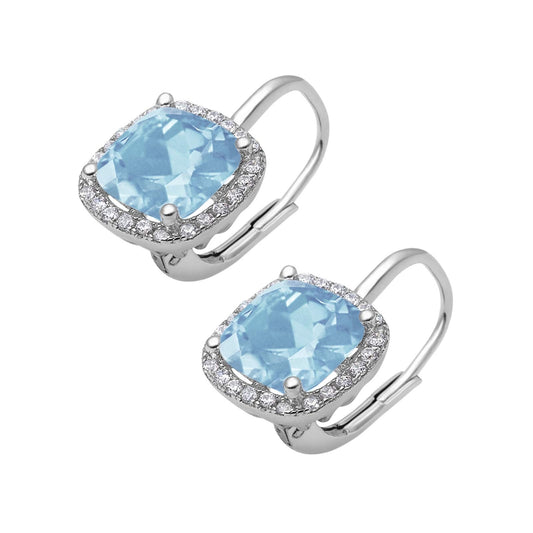 Halo Cushion Leverback Earrings Simulated Aquamarine CZ