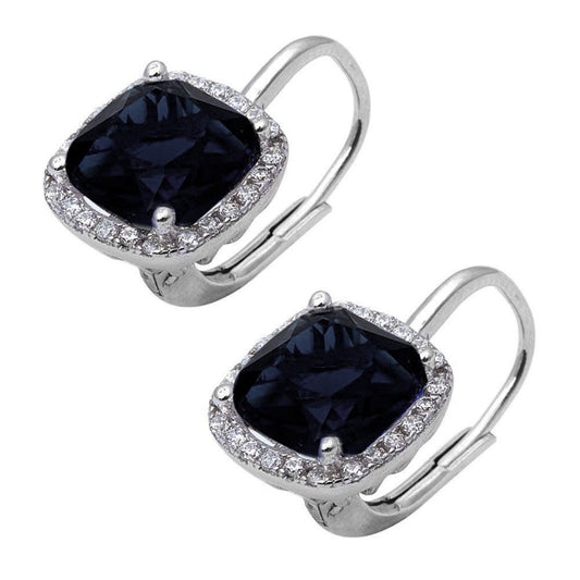 Halo Cushion Leverback Earrings Simulated Black CZ