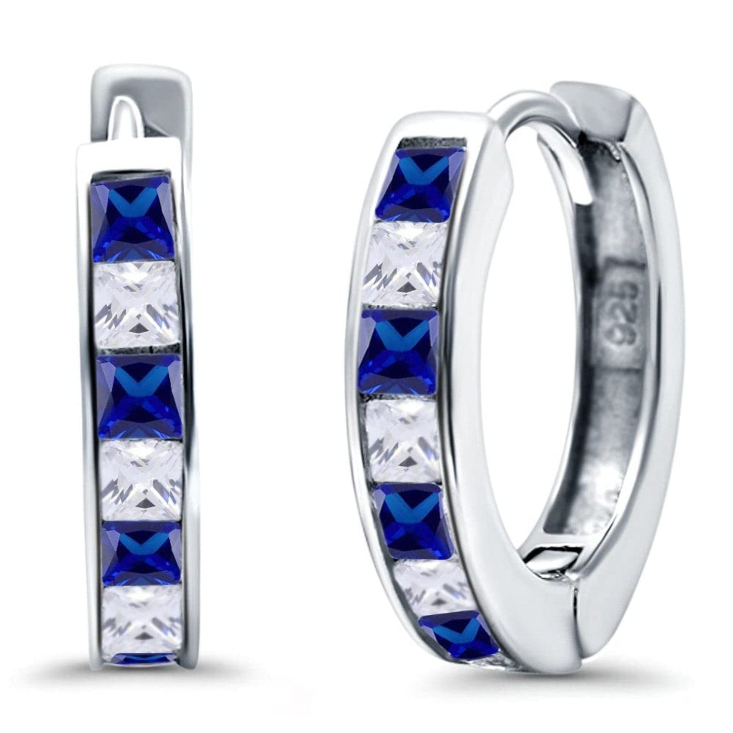 Half Eternity Hoop Earrings Princess Cut Simulated Blue Sapphire CZ (14mm)