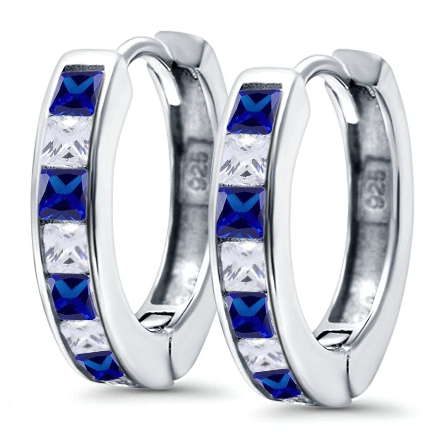 Half Eternity Hoop Earrings Princess Cut Simulated Blue Sapphire CZ (14mm)