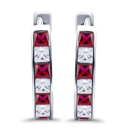 Half Eternity Hoop Earrings Princess Cut Simulated Ruby CZ (14mm)