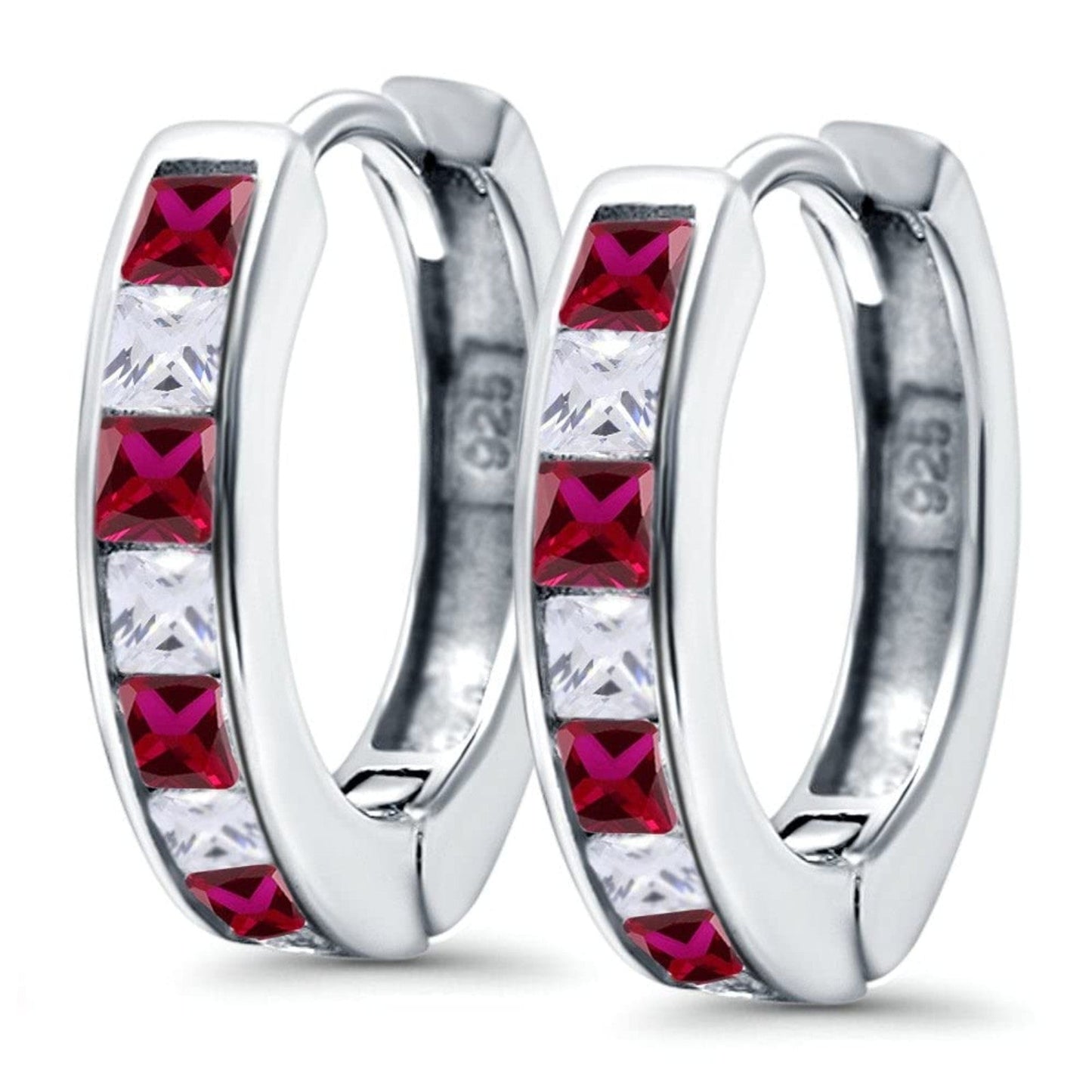 Half Eternity Hoop Earrings Princess Cut Simulated Ruby CZ (14mm)