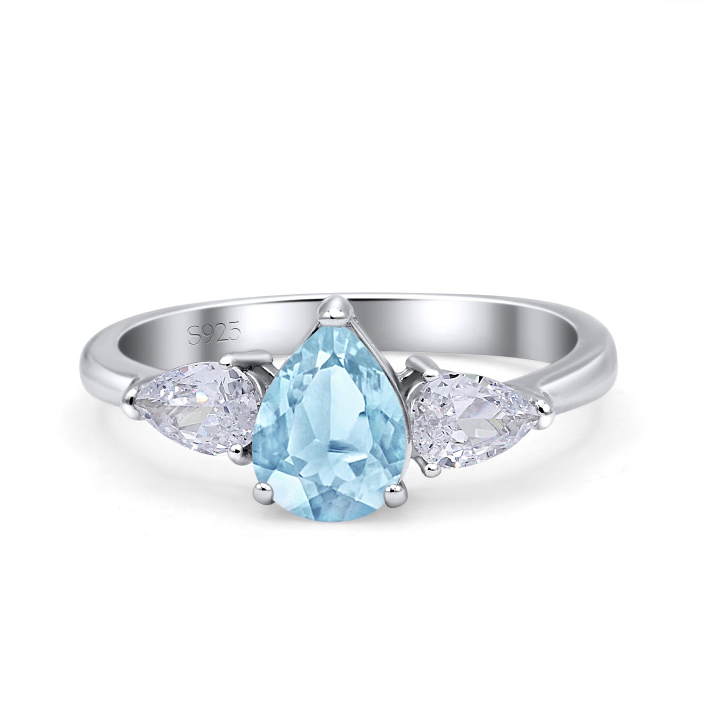 Three Stone Teardrop Pear Art Deco Simulated Aquamarine CZ Engagement Ring