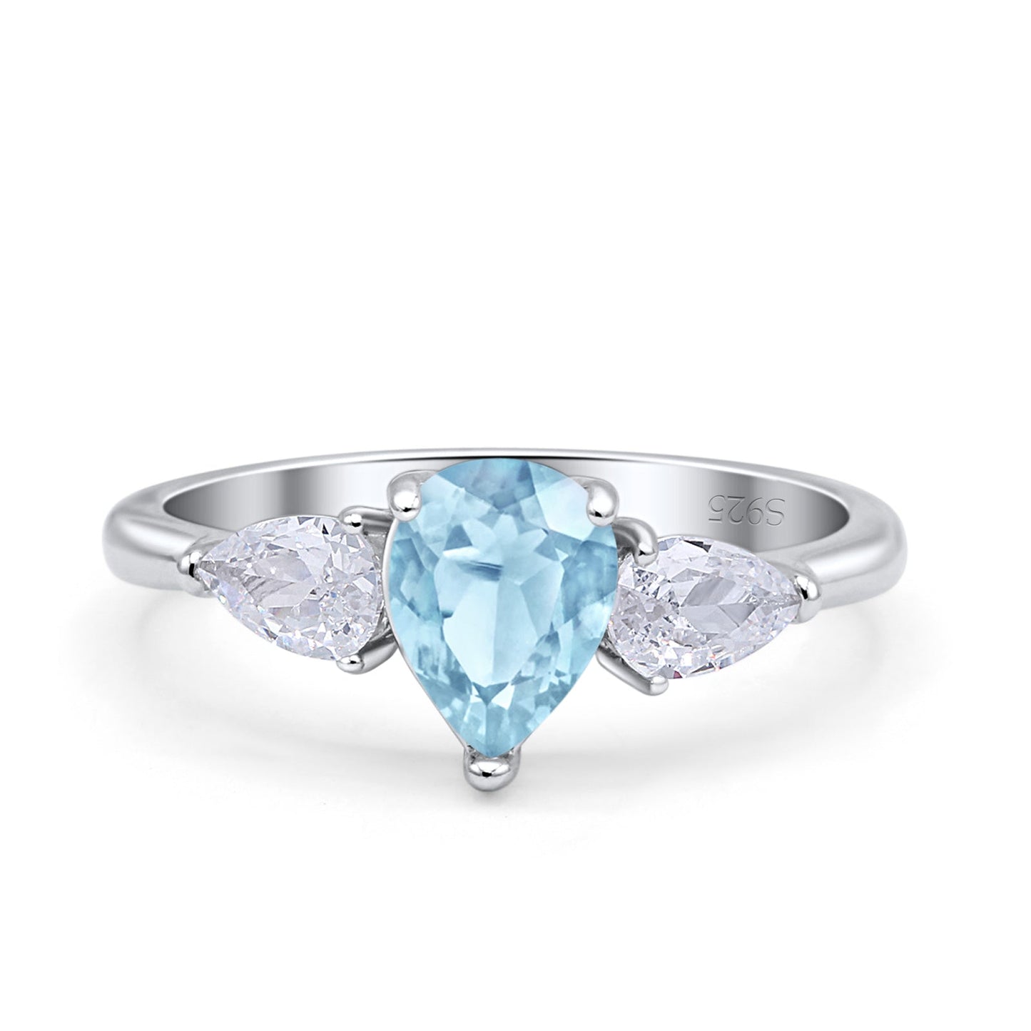 Three Stone Teardrop Pear Art Deco Simulated Aquamarine CZ Engagement Ring