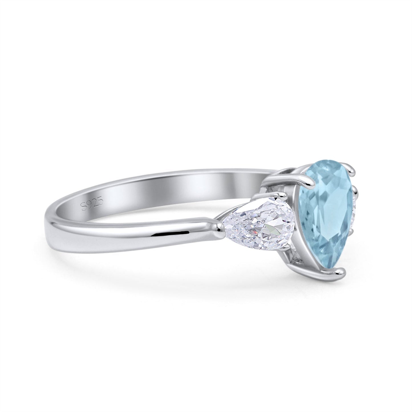 Three Stone Teardrop Pear Art Deco Simulated Aquamarine CZ Engagement Ring