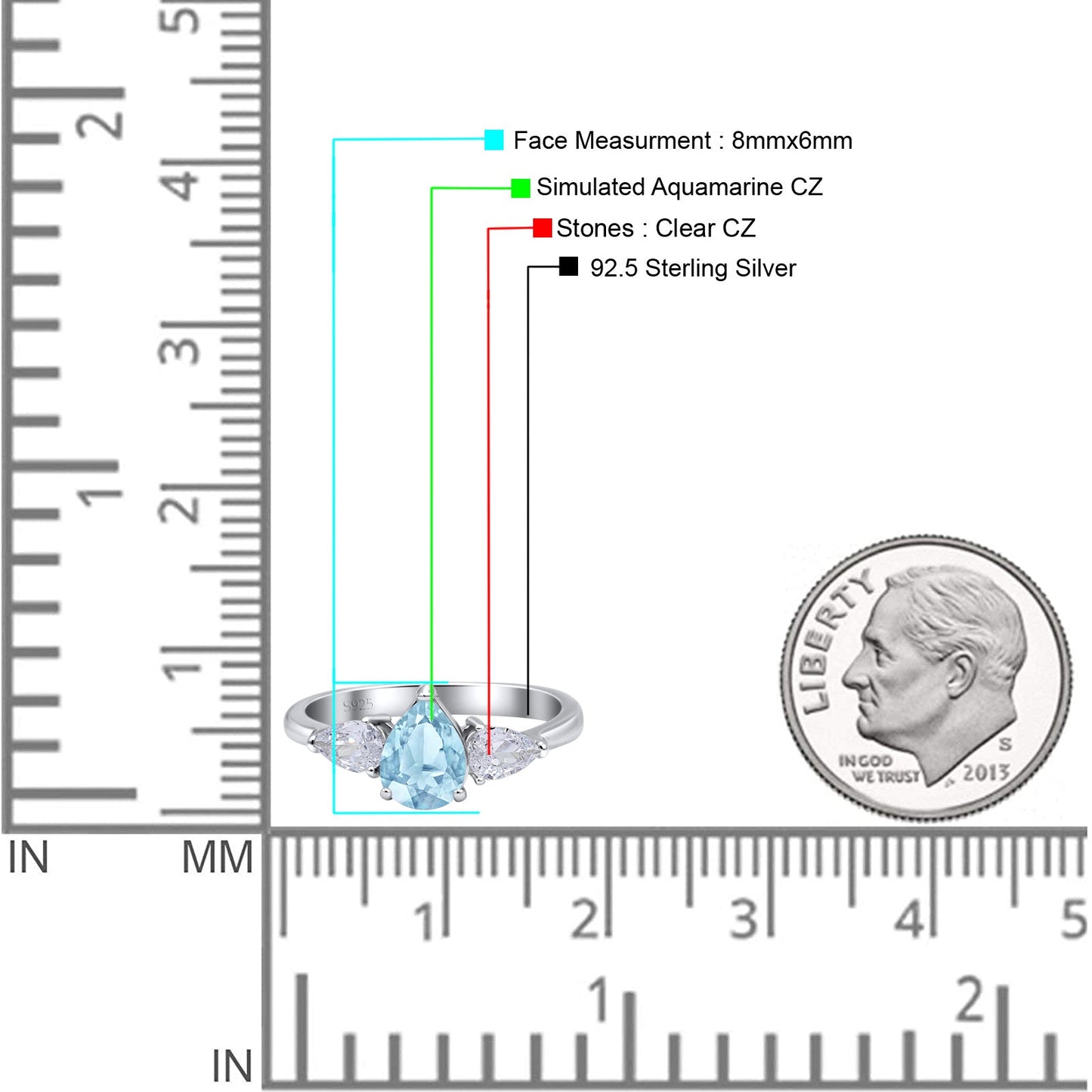 Three Stone Teardrop Pear Art Deco Simulated Aquamarine CZ Engagement Ring