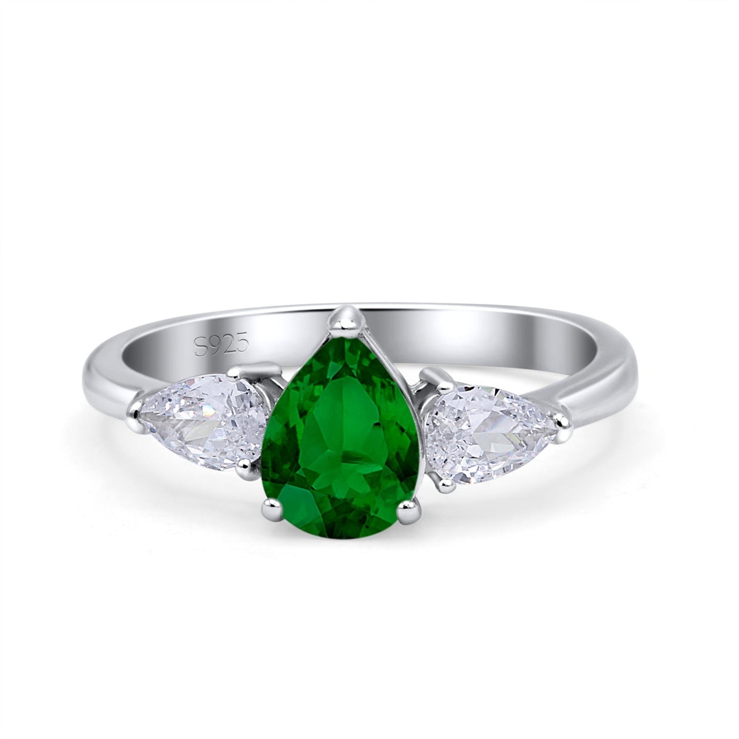 Three Stone Teardrop Pear Art Deco Simulated Green Emerald CZ Engagement Ring