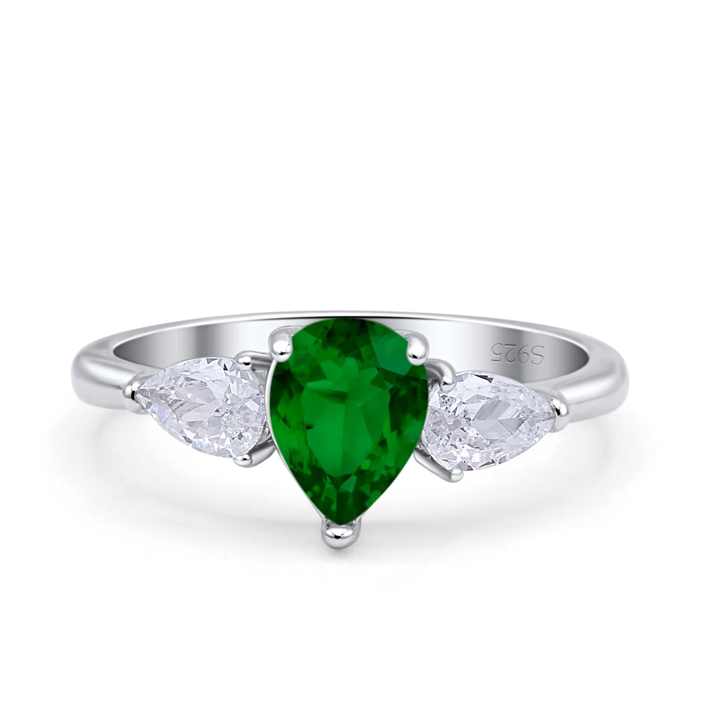 Three Stone Teardrop Pear Art Deco Simulated Green Emerald CZ Engagement Ring