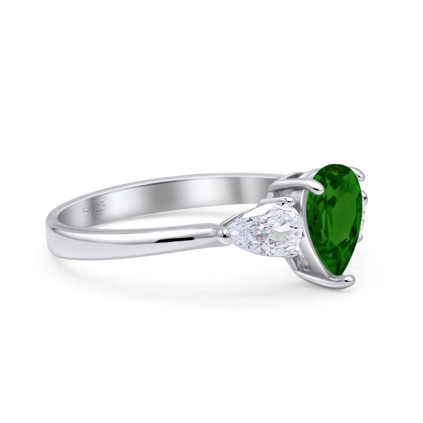 Three Stone Teardrop Pear Art Deco Simulated Green Emerald CZ Engagement Ring