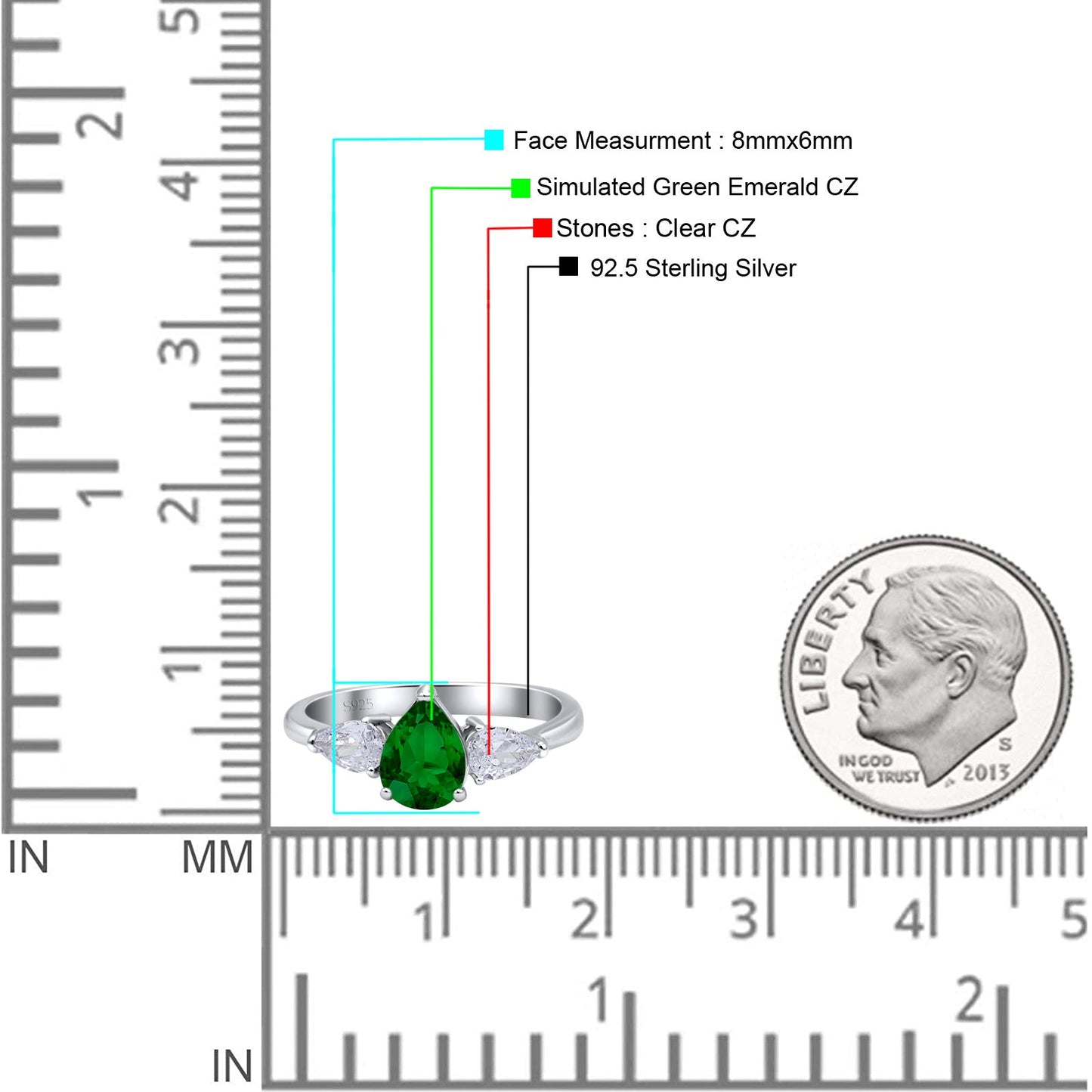 Three Stone Teardrop Pear Art Deco Simulated Green Emerald CZ Engagement Ring