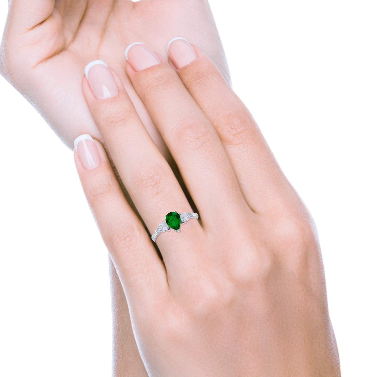 Three Stone Teardrop Pear Art Deco Simulated Green Emerald CZ Engagement Ring