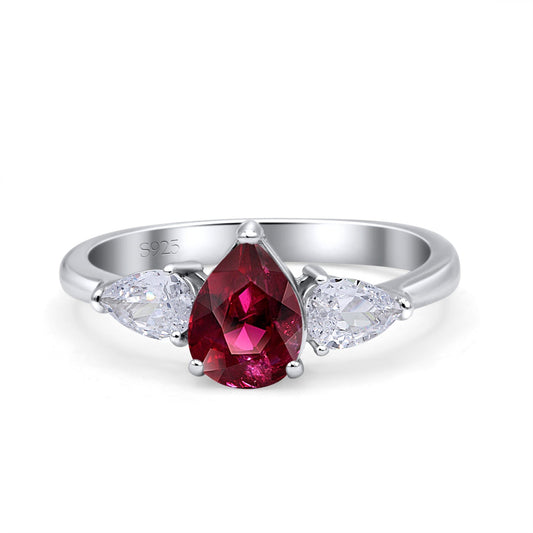 Three Stone Teardrop Pear Art Deco Simulated Ruby CZ Engagement Ring