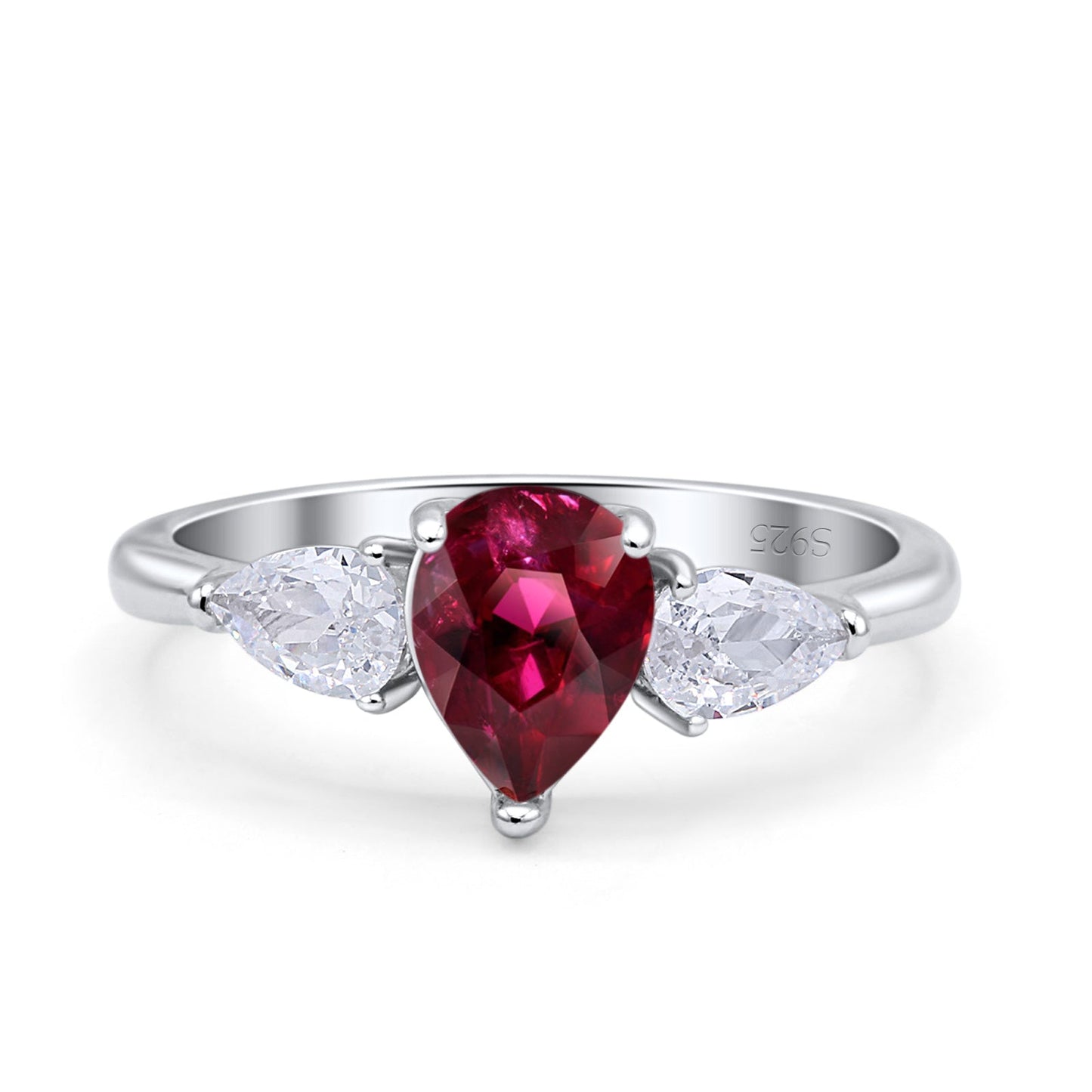 Three Stone Teardrop Pear Art Deco Simulated Ruby CZ Engagement Ring