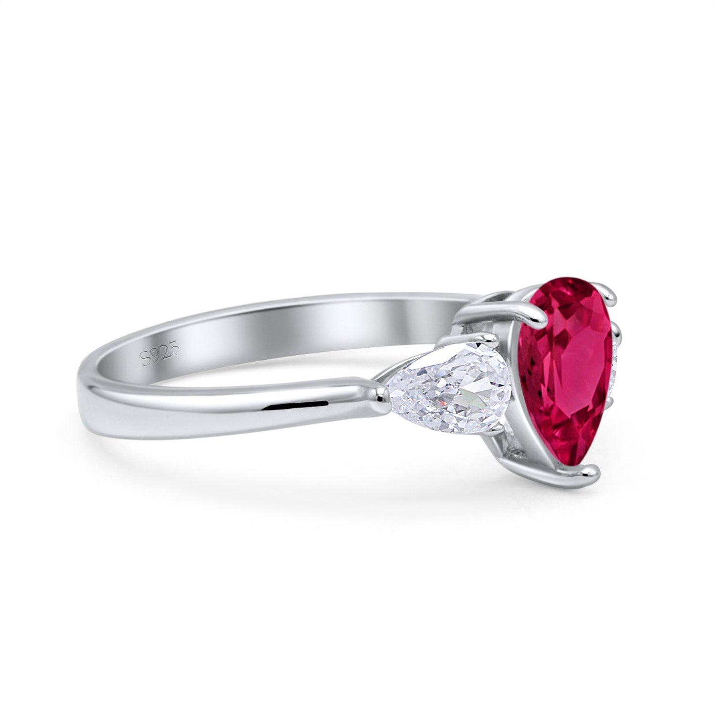 Three Stone Teardrop Pear Art Deco Simulated Ruby CZ Engagement Ring