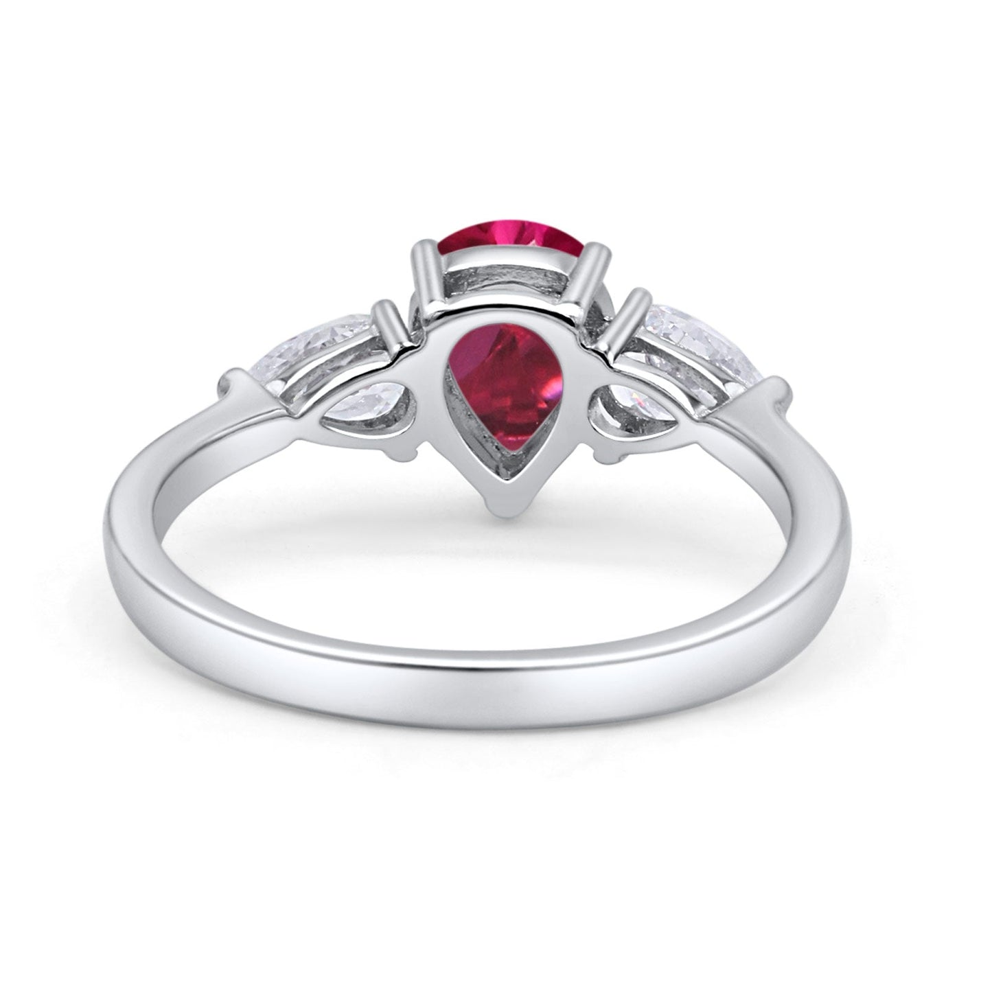 Three Stone Teardrop Pear Art Deco Simulated Ruby CZ Engagement Ring