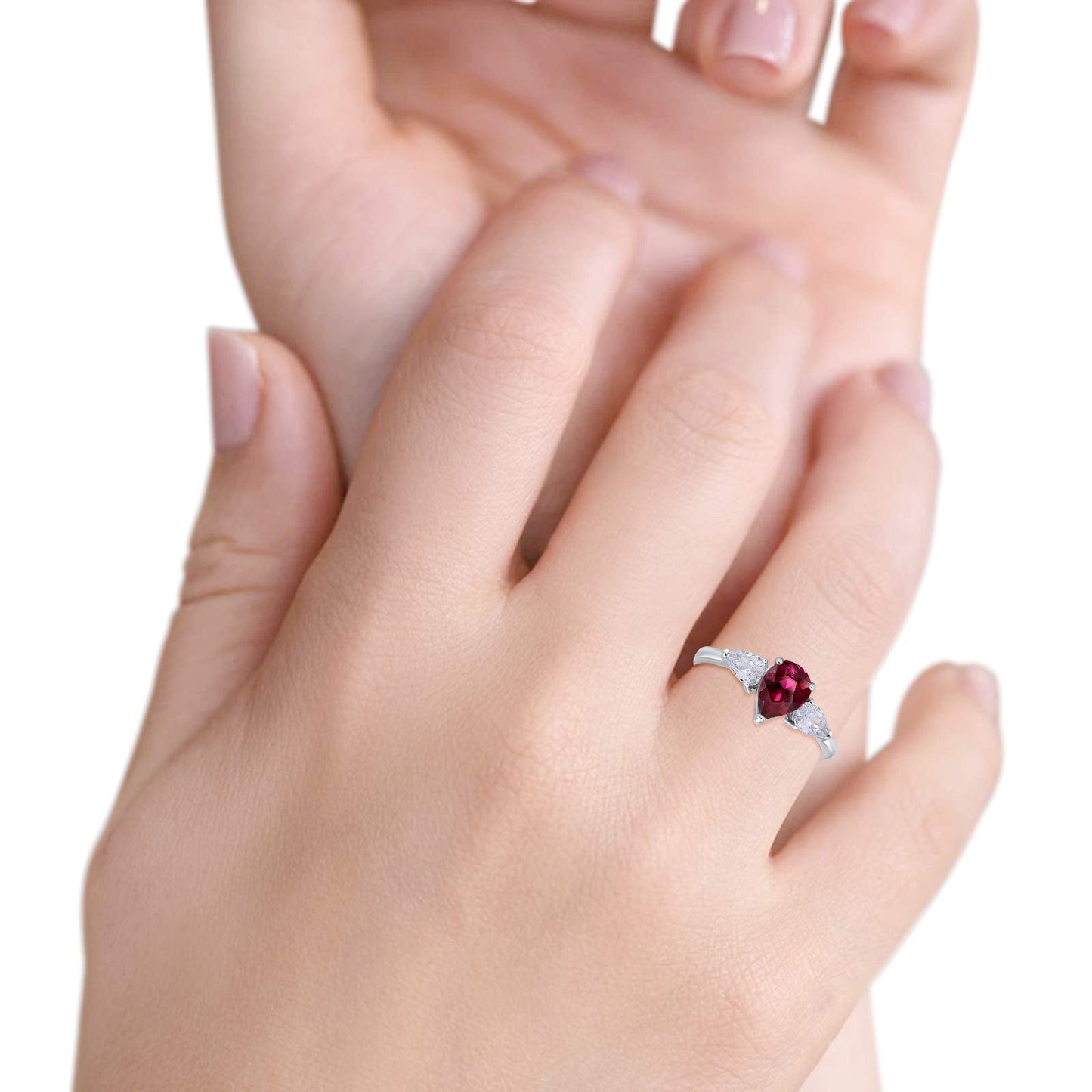 Three Stone Teardrop Pear Art Deco Simulated Ruby CZ Engagement Ring