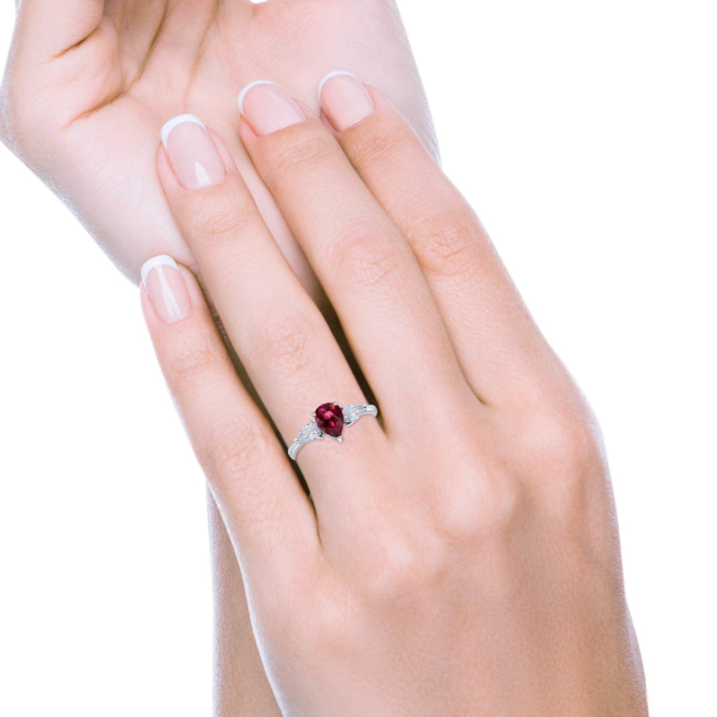 Three Stone Teardrop Pear Art Deco Simulated Ruby CZ Engagement Ring