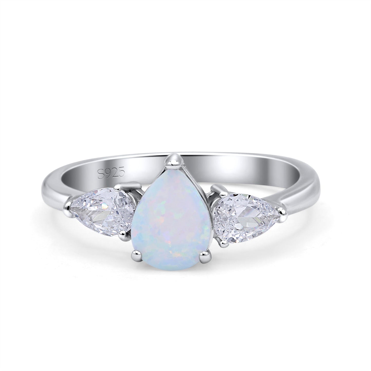 Three Stone Teardrop Pear Art Deco Lab Created White Opal Engagement Ring