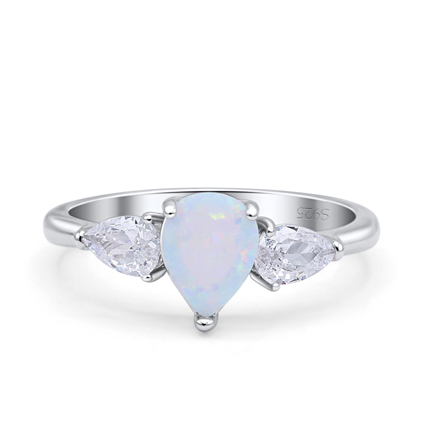 Three Stone Teardrop Pear Art Deco Lab Created White Opal Engagement Ring