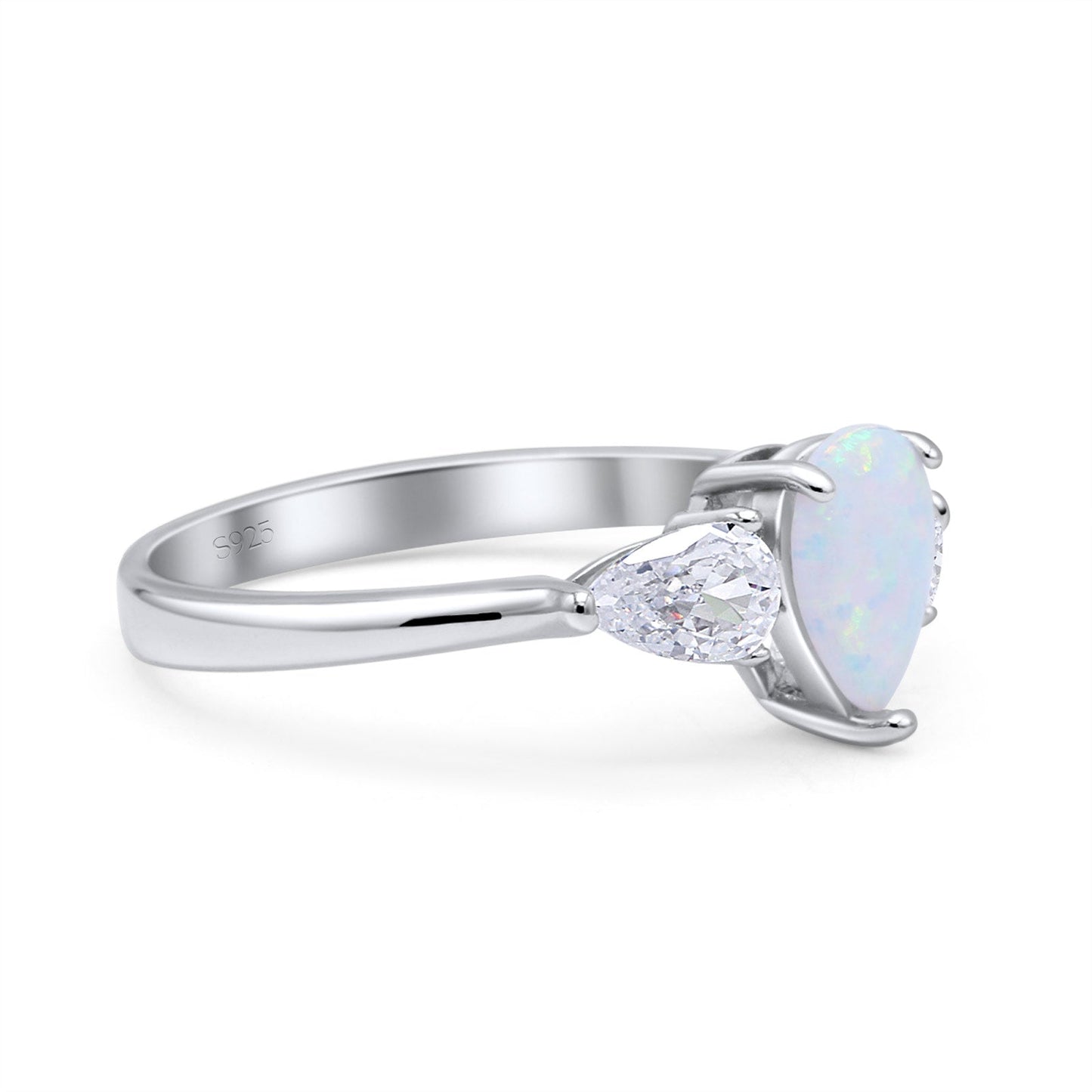 Three Stone Teardrop Pear Art Deco Lab Created White Opal Engagement Ring