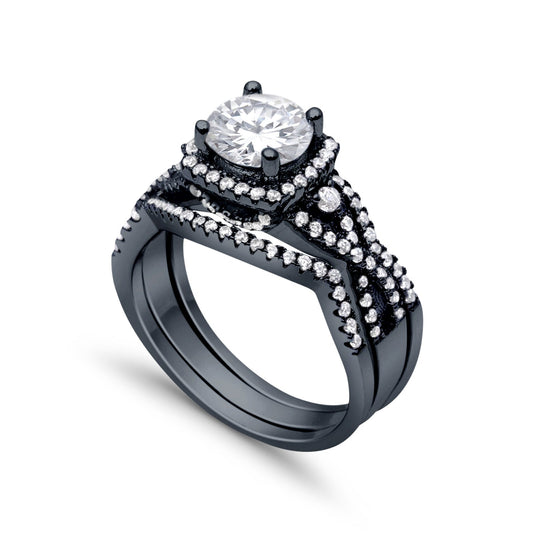 Halo Engagement Ring Three Piece Black Tone Cubic Zirconia