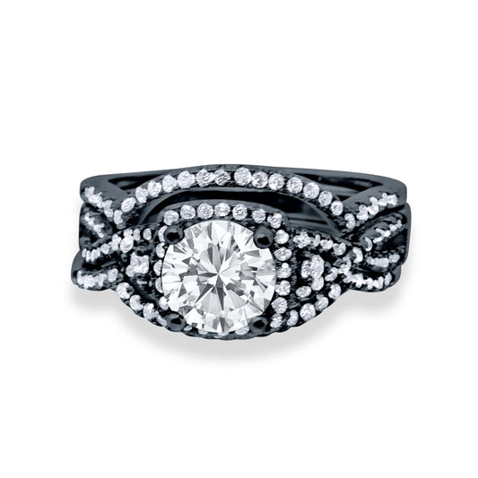 Halo Engagement Ring Three Piece Black Tone Cubic Zirconia