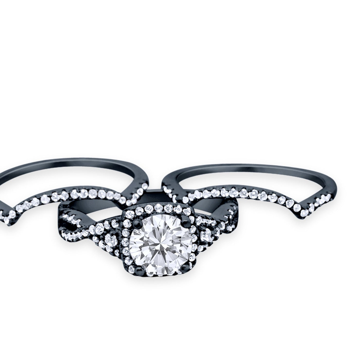 Halo Engagement Ring Three Piece Black Tone Cubic Zirconia