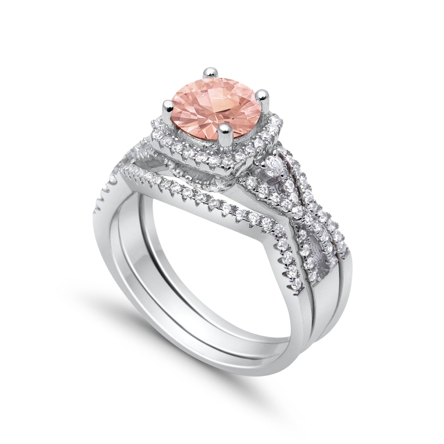 Halo Engagement Ring Three Piece Morganite CZ