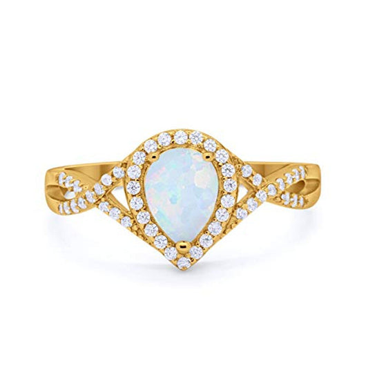 Teardrop Pear Infinity Yellow Tone, Lab White Opal Wedding Promise Ring